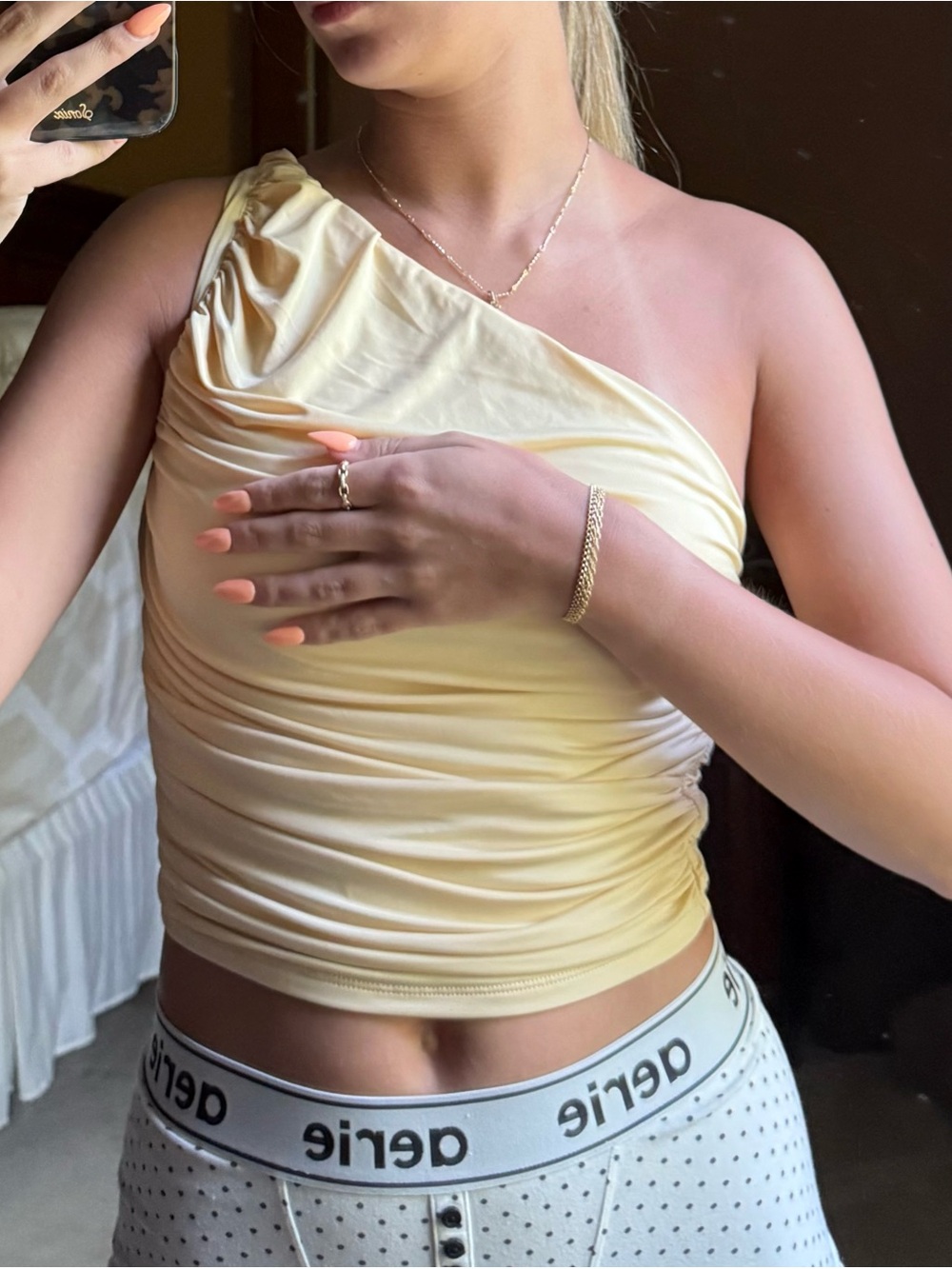 Express Pale Yellow One-Shoulder Ruched Top
